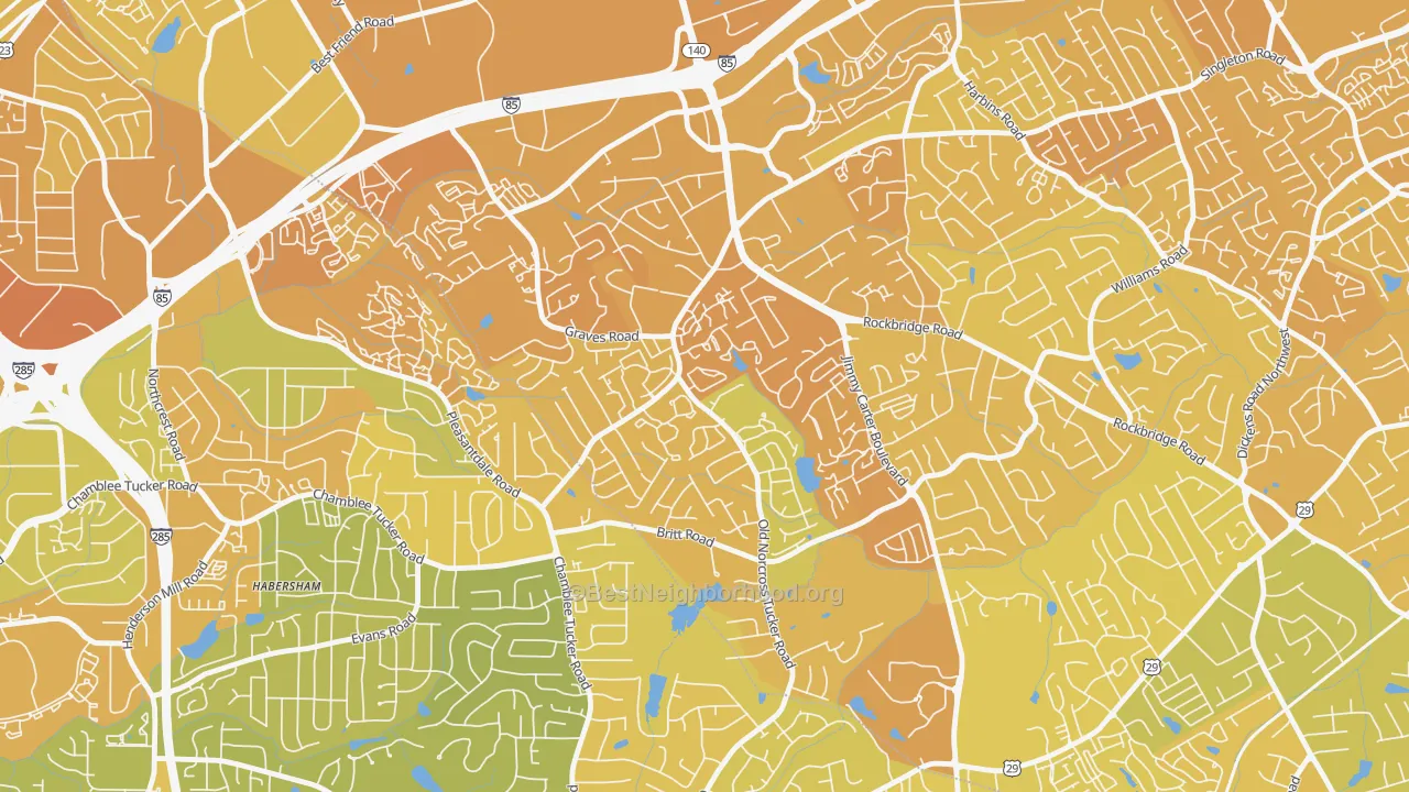 Map of the best neighborhoods in the Wedgewood, Tucker area, with better matches in green and worse matches in red