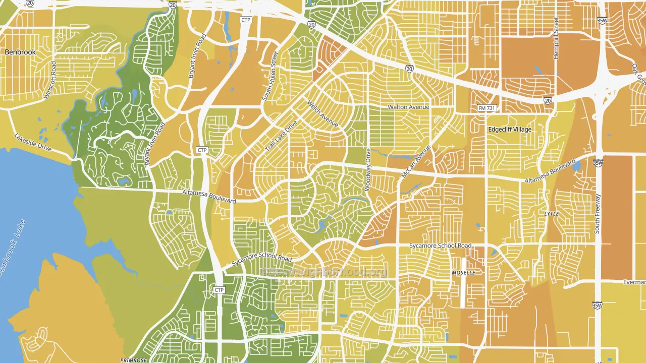 Map of the best neighborhoods in the Wedgwood, Fort Worth area, with better matches in green and worse matches in red