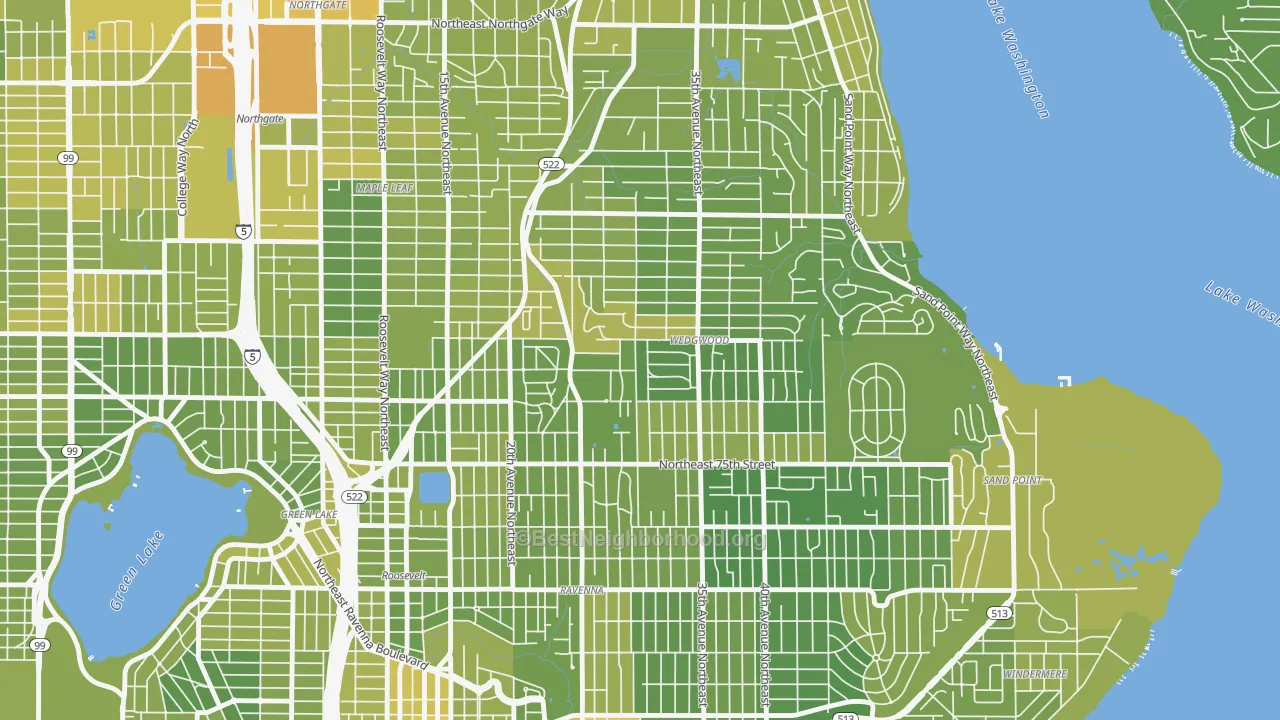 Map of the best neighborhoods in the Wedgwood, Seattle area, with better matches in green and worse matches in red