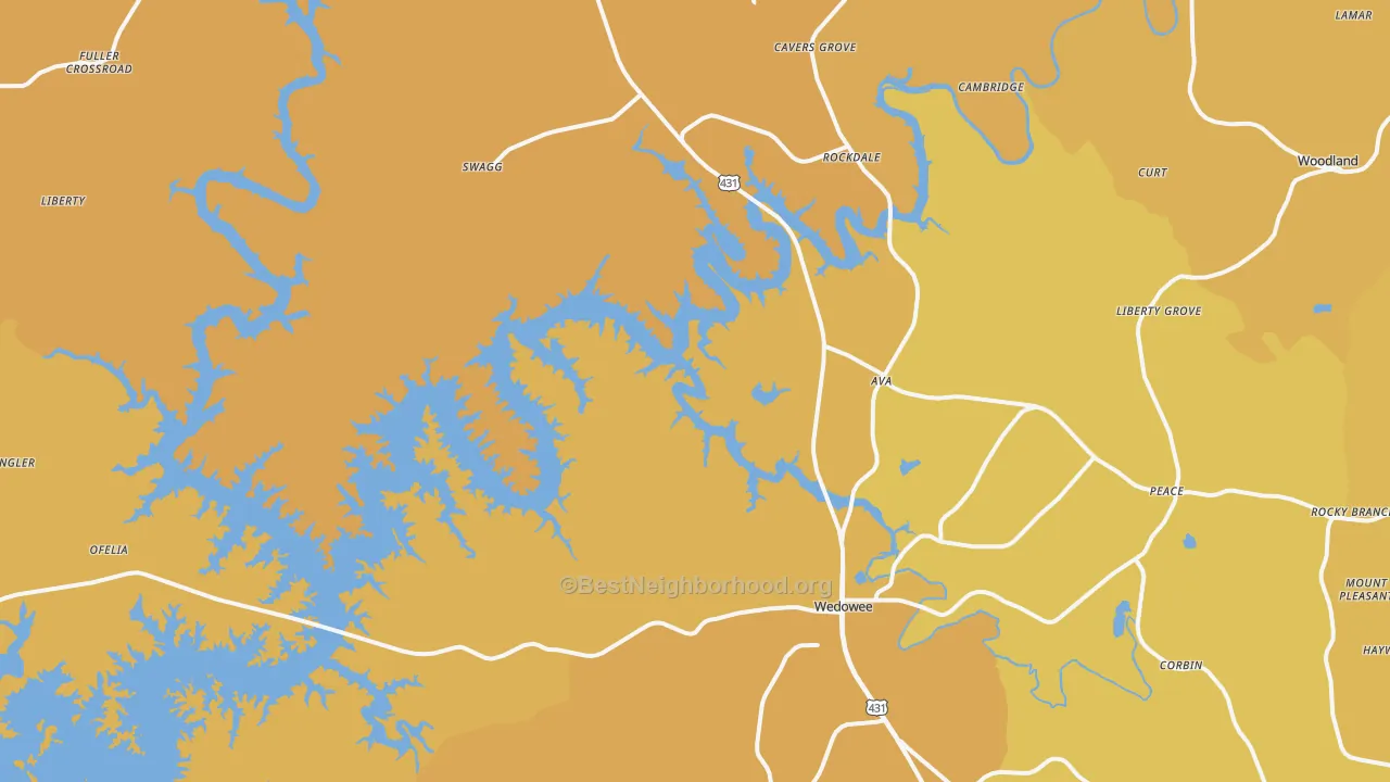 Map of the best neighborhoods in the Wedowee area, with better matches in green and worse matches in red