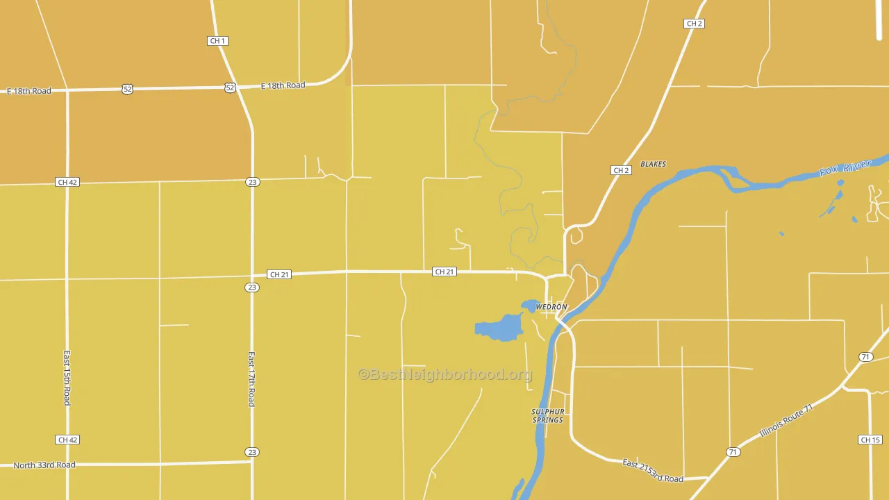 Map of the best neighborhoods in the Wedron area, with better matches in green and worse matches in red