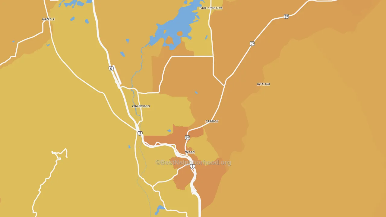 Map of the best neighborhoods in the Weed area, with better matches in green and worse matches in red