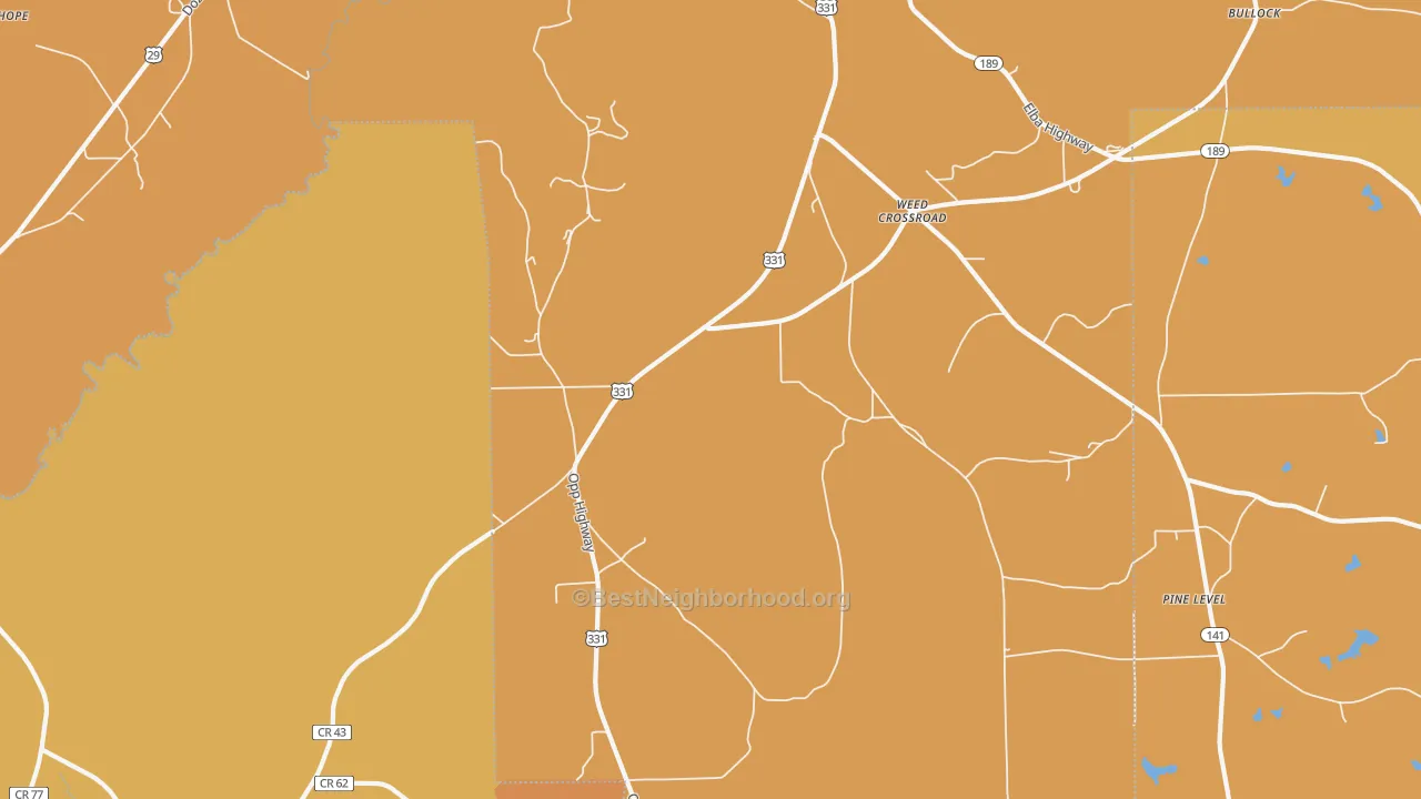 Map of the best neighborhoods in the Weed Crossroad area, with better matches in green and worse matches in red