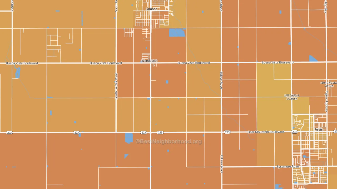 Map of the best neighborhoods in the Weedpatch area, with better matches in green and worse matches in red