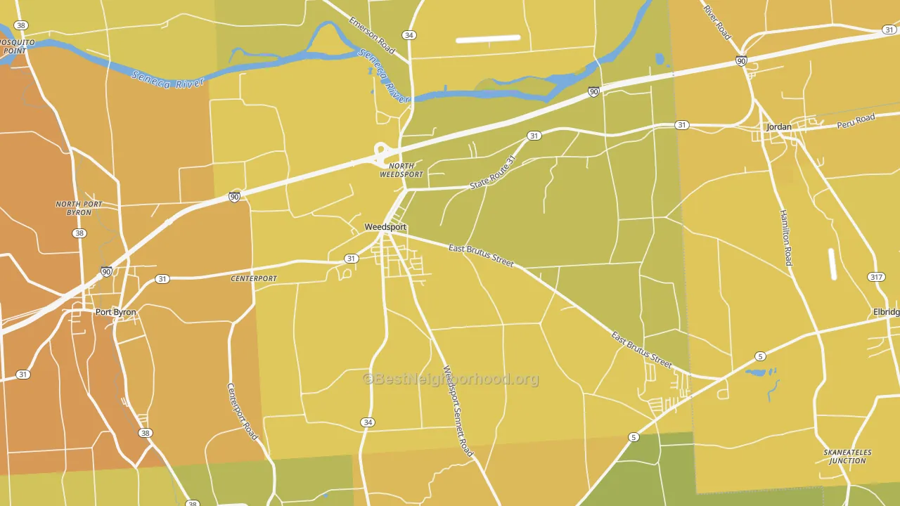 Map of the best neighborhoods in the Weedsport area, with better matches in green and worse matches in red