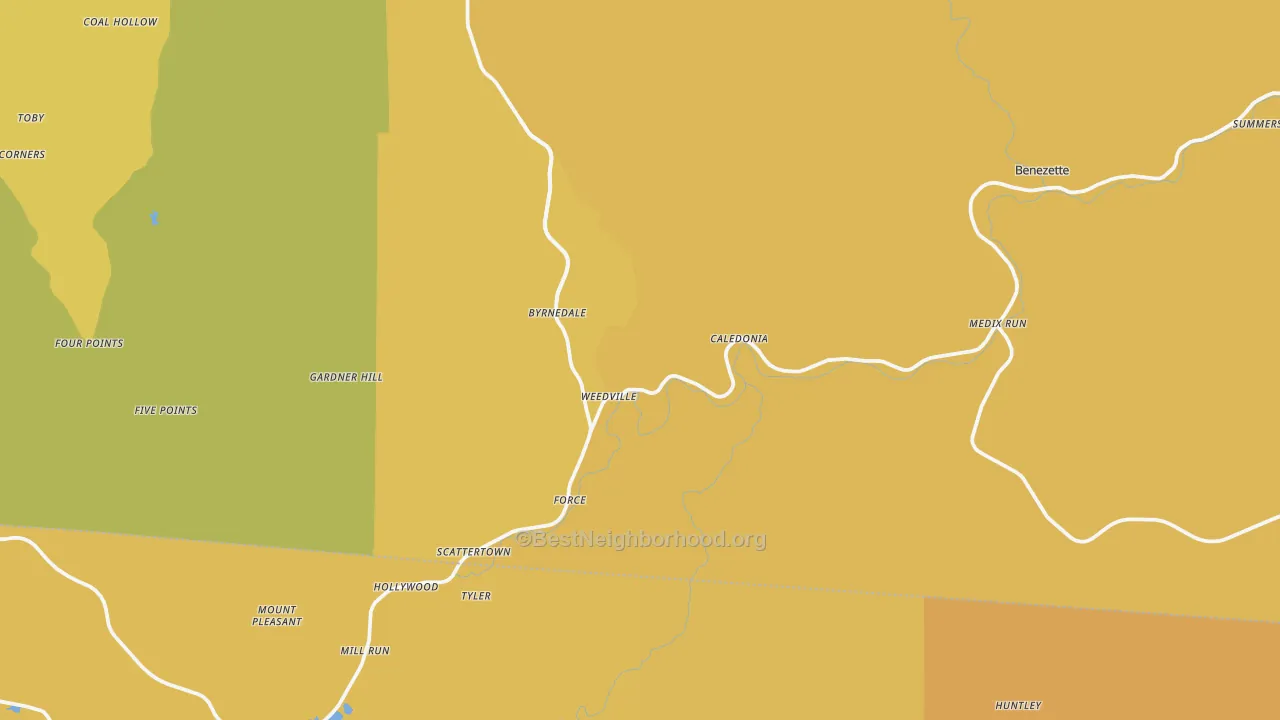 Map of the best neighborhoods in the Weedville area, with better matches in green and worse matches in red