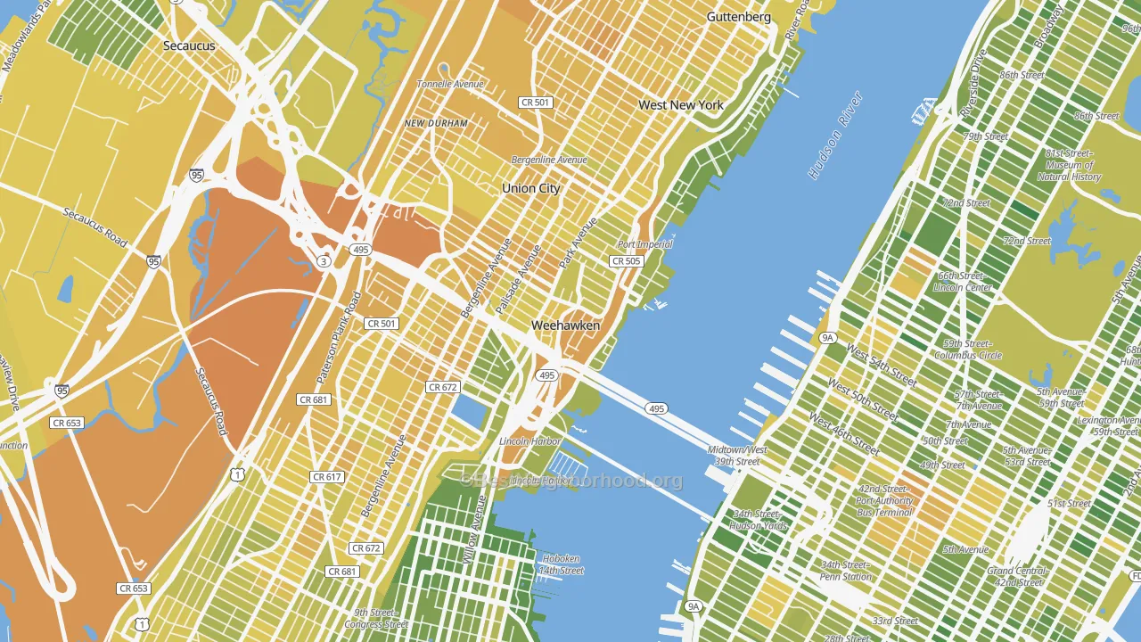Map of the best neighborhoods in the Weehawken area, with better matches in green and worse matches in red
