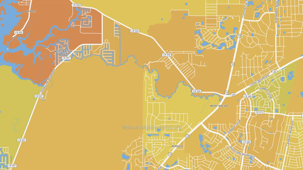 Map of the best neighborhoods in the Weeki Wachee area, with better matches in green and worse matches in red