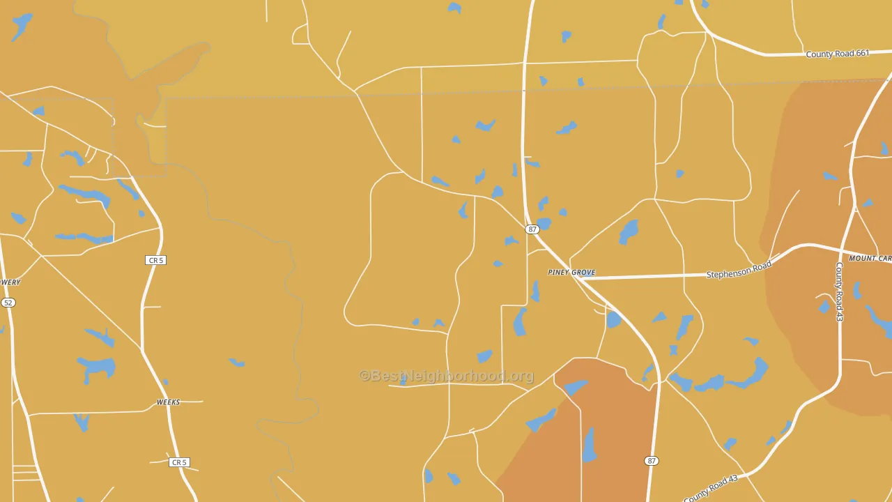 Map of the best neighborhoods in the Weeks area, with better matches in green and worse matches in red