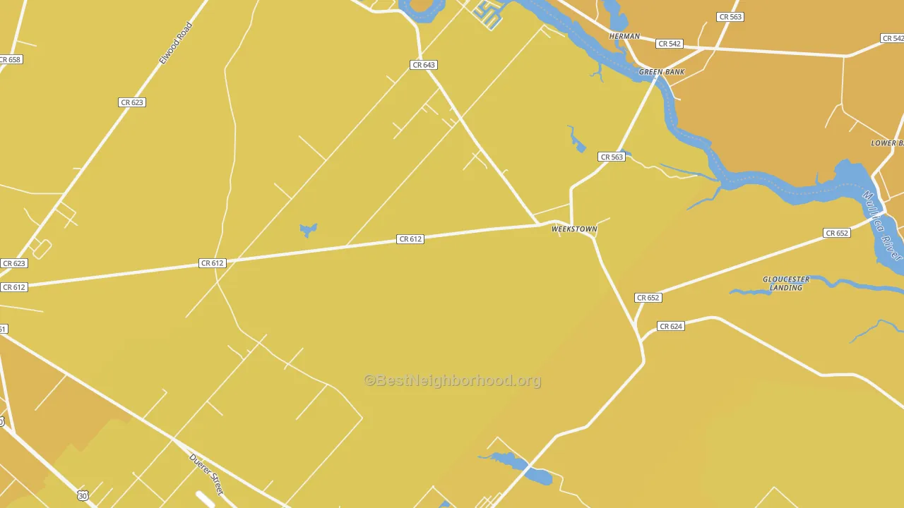 Map of the best neighborhoods in the Weekstown area, with better matches in green and worse matches in red