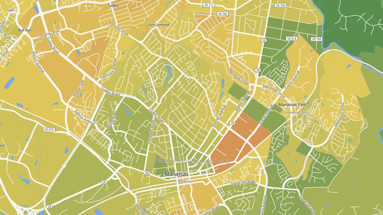 Map of the best neighborhoods in the Weems, Manassas area, with better matches in green and worse matches in red