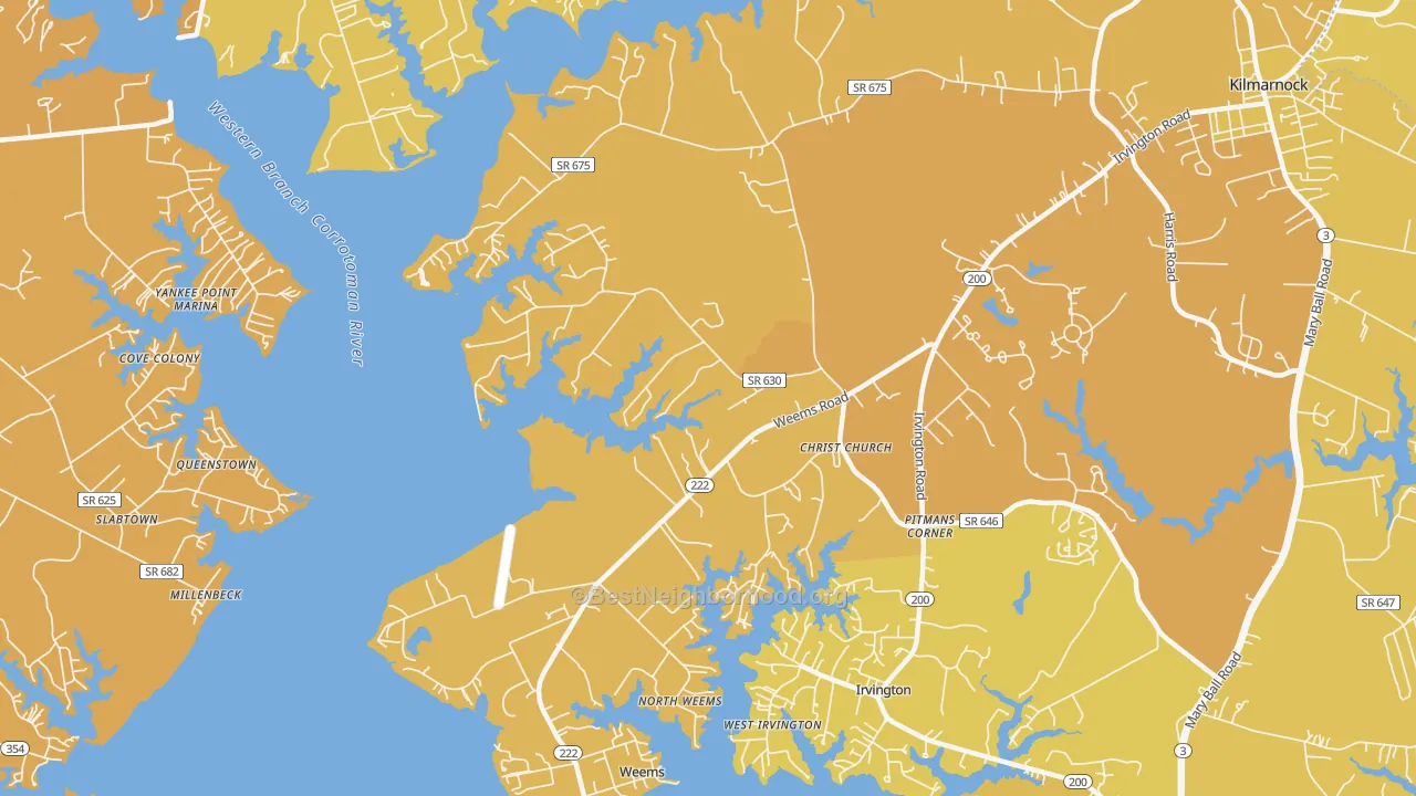 Map of the best neighborhoods in the Weems area, with better matches in green and worse matches in red