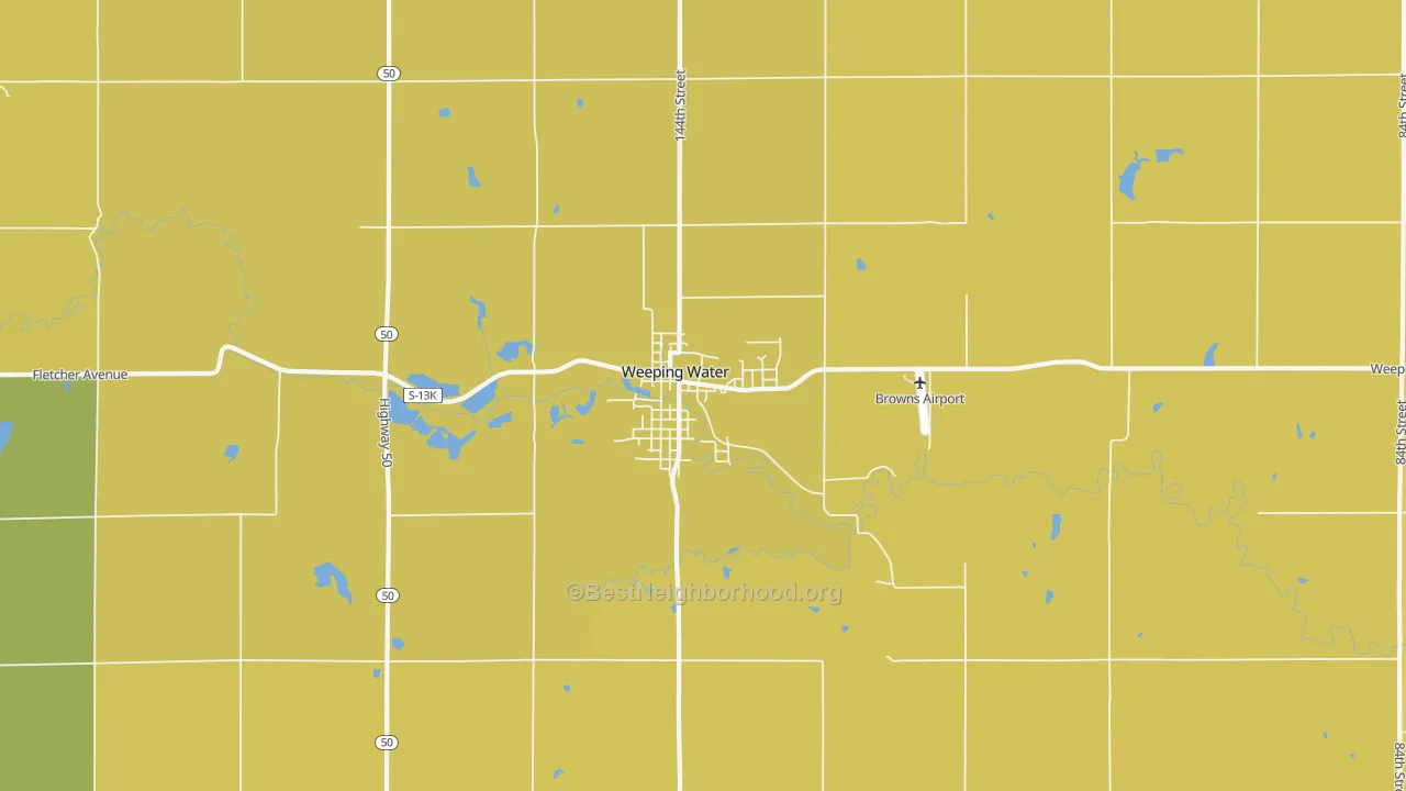 Map of the best neighborhoods in the Weeping Water area, with better matches in green and worse matches in red