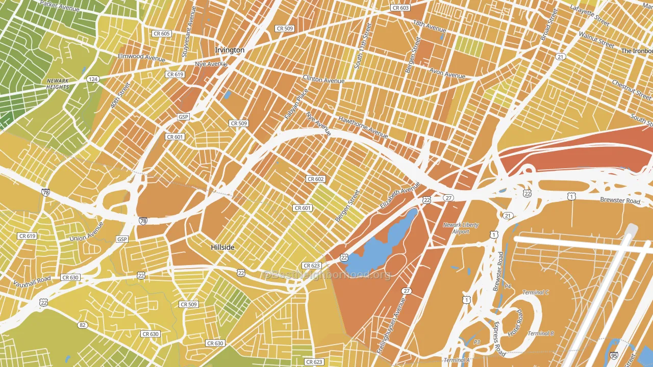 Map of the best neighborhoods in the Weequahic, Newark area, with better matches in green and worse matches in red