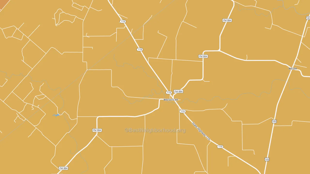 Map of the best neighborhoods in the Weesatche area, with better matches in green and worse matches in red