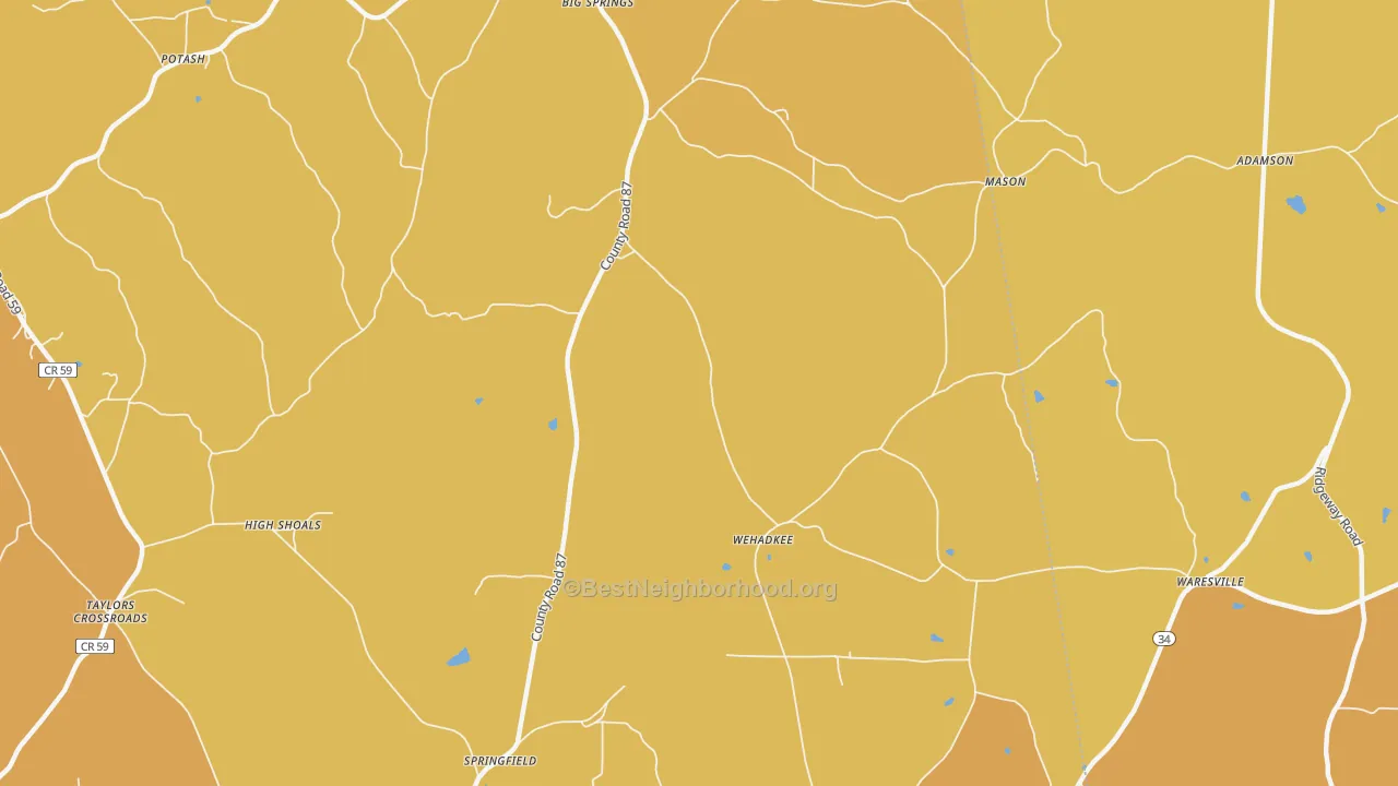 Map of the best neighborhoods in the Wehadkee area, with better matches in green and worse matches in red