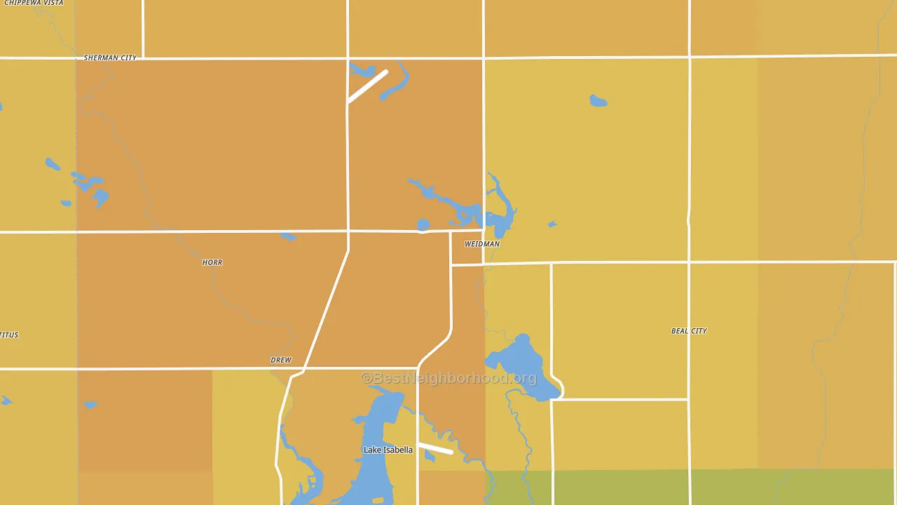 Map of the best neighborhoods in the Weidman area, with better matches in green and worse matches in red