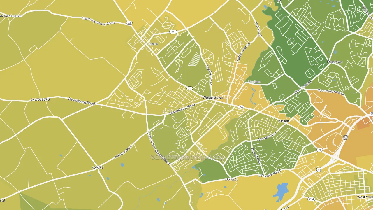 Map of the best neighborhoods in the Weigelstown area, with better matches in green and worse matches in red