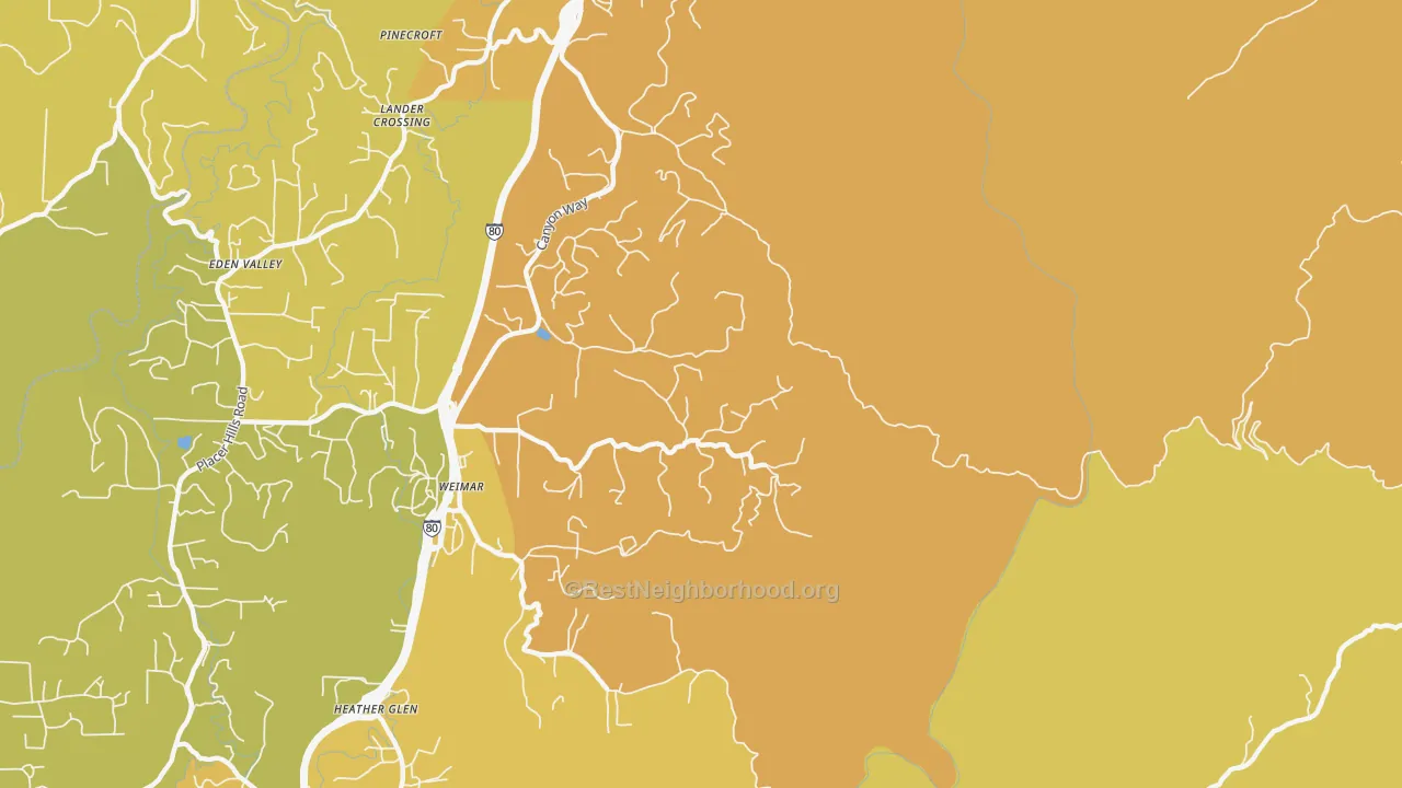 Map of the best neighborhoods in the Weimar area, with better matches in green and worse matches in red
