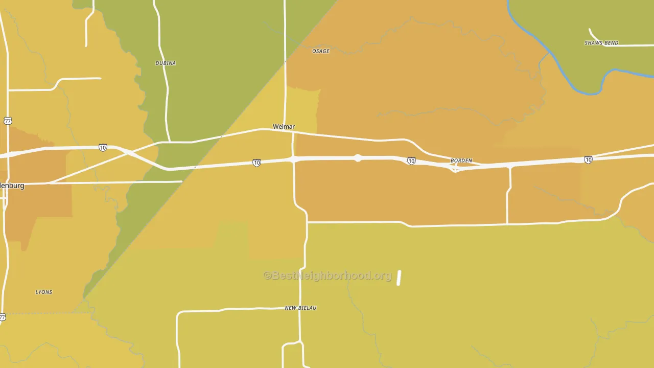Map of the best neighborhoods in the Weimar area, with better matches in green and worse matches in red