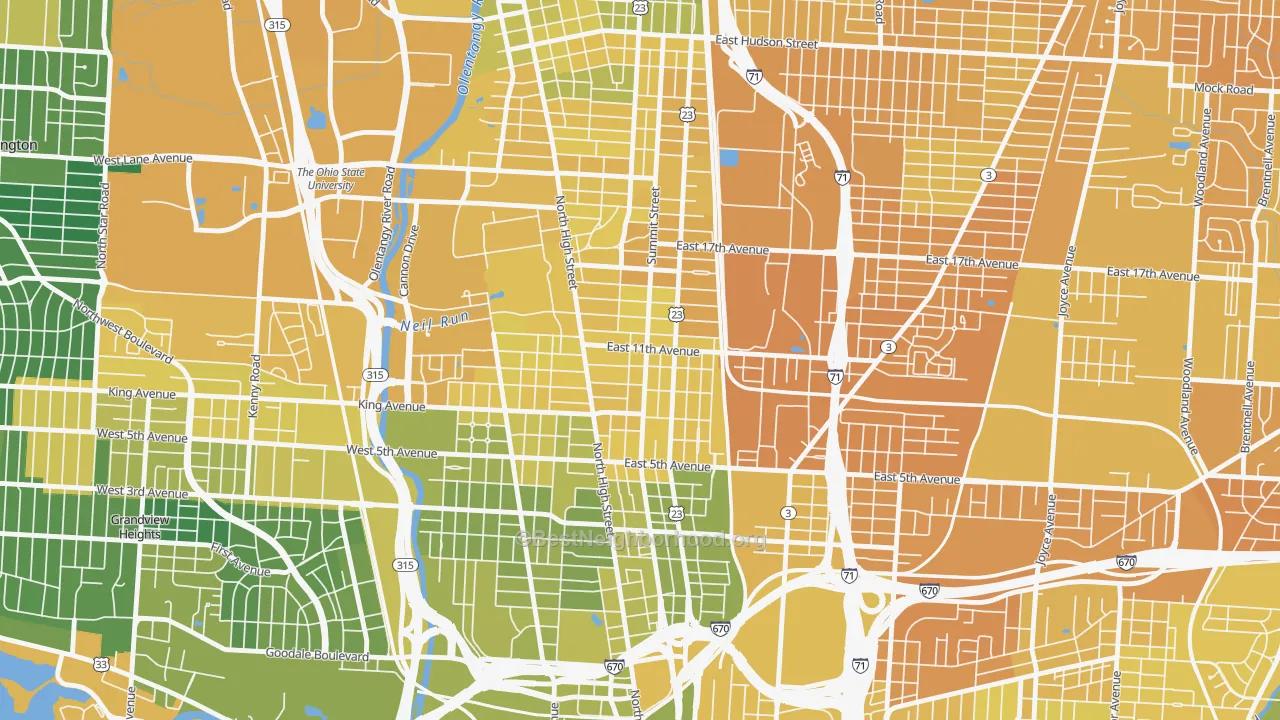 Map of the best neighborhoods in the Weinland Park, Columbus area, with better matches in green and worse matches in red