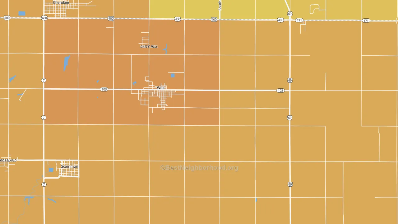 Map of the best neighborhoods in the Weir area, with better matches in green and worse matches in red