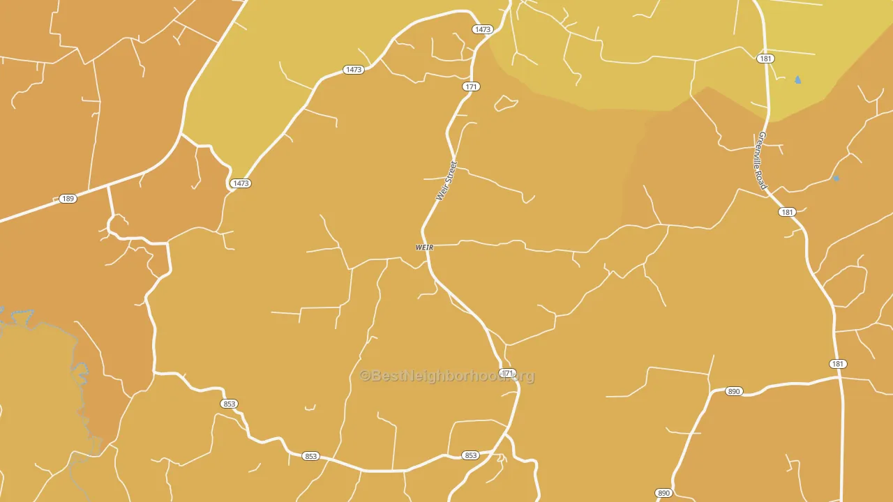 Map of the best neighborhoods in the Weir area, with better matches in green and worse matches in red
