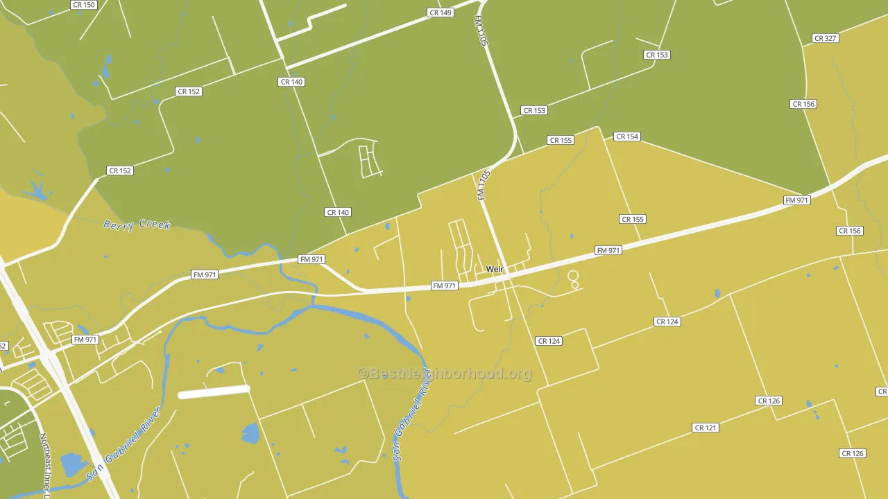 Map of the best neighborhoods in the Weir area, with better matches in green and worse matches in red