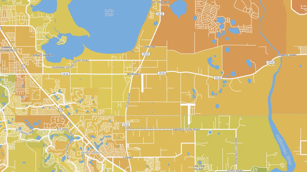 Map of the best neighborhoods in the Weirsdale area, with better matches in green and worse matches in red