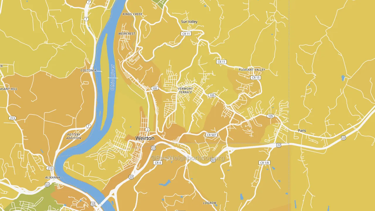 Map of the best neighborhoods in the Weirton Metro area, with better matches in green and worse matches in red