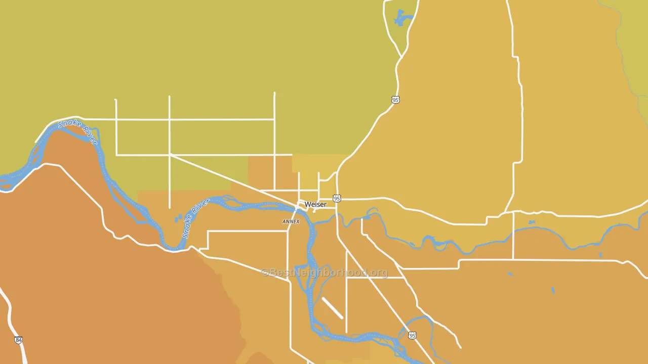 Map of the best neighborhoods in the Weiser area, with better matches in green and worse matches in red
