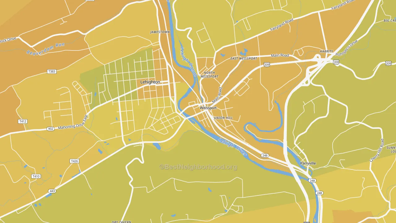 Map of the best neighborhoods in the Weissport area, with better matches in green and worse matches in red