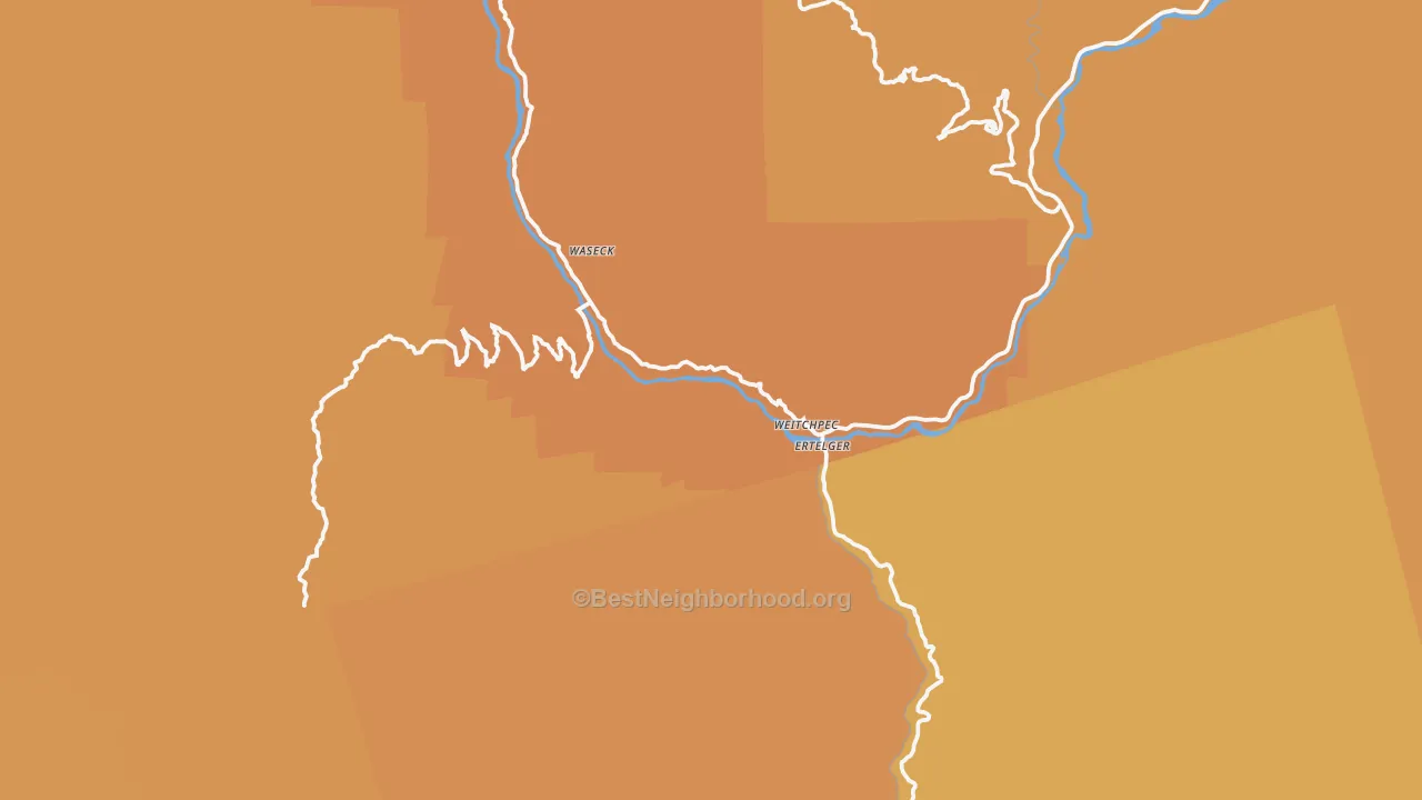 Map of the best neighborhoods in the Weitchpec area, with better matches in green and worse matches in red