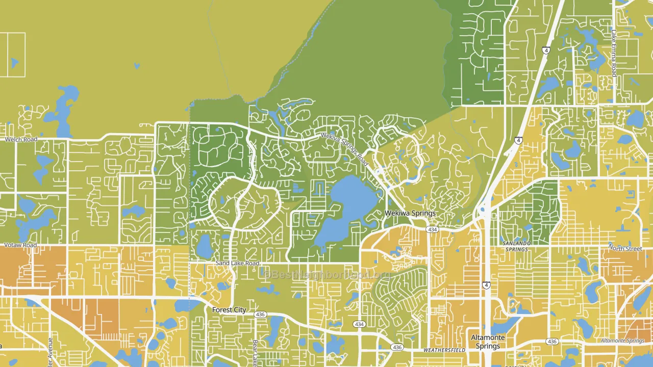 Map of the best neighborhoods in the Wekiwa Springs area, with better matches in green and worse matches in red