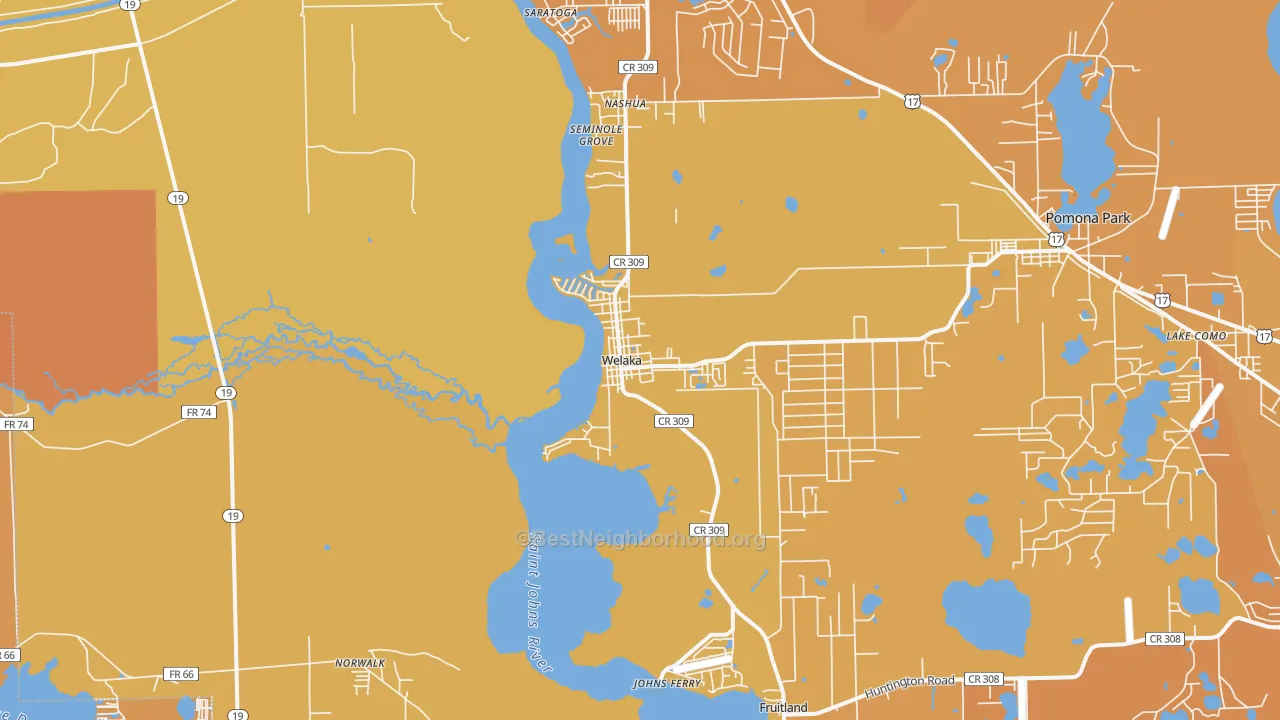 Map of the best neighborhoods in the Welaka area, with better matches in green and worse matches in red
