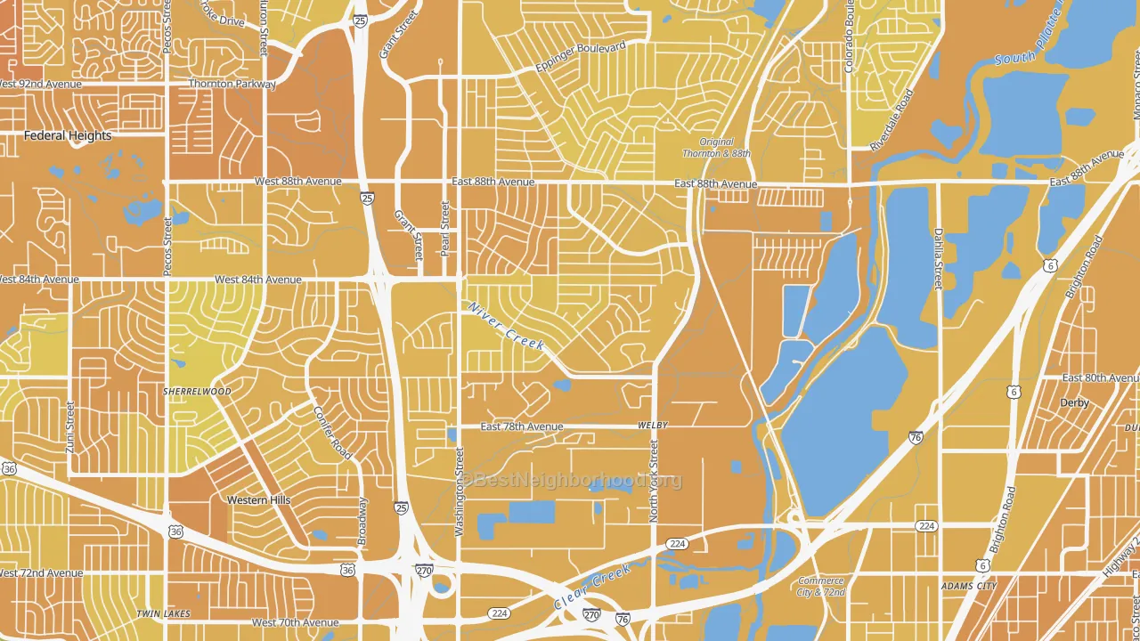 Map of the best neighborhoods in the Welby area, with better matches in green and worse matches in red