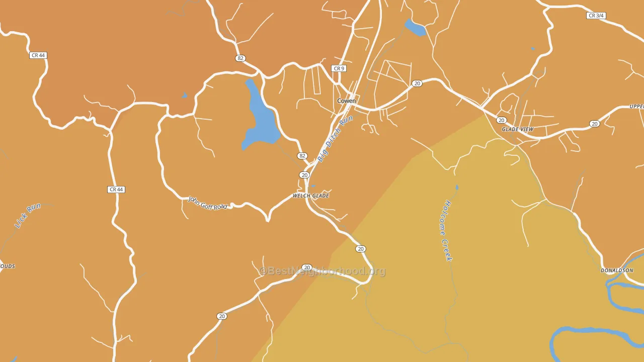 Map of the best neighborhoods in the Welch Glade area, with better matches in green and worse matches in red