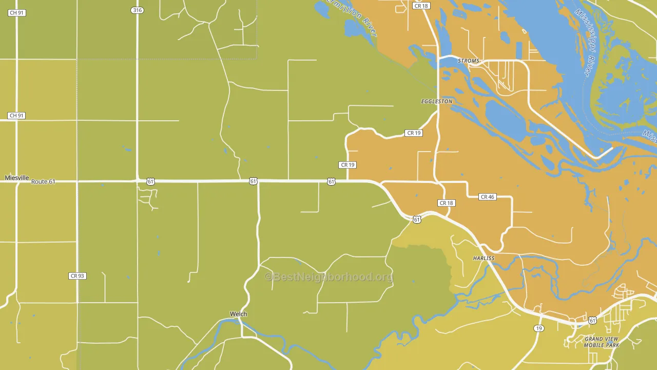 Map of the best neighborhoods in the Welch area, with better matches in green and worse matches in red