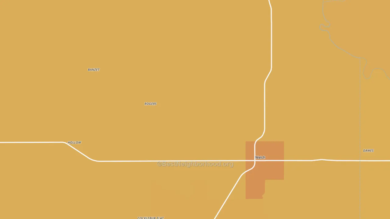 Map of the best neighborhoods in the Welch area, with better matches in green and worse matches in red