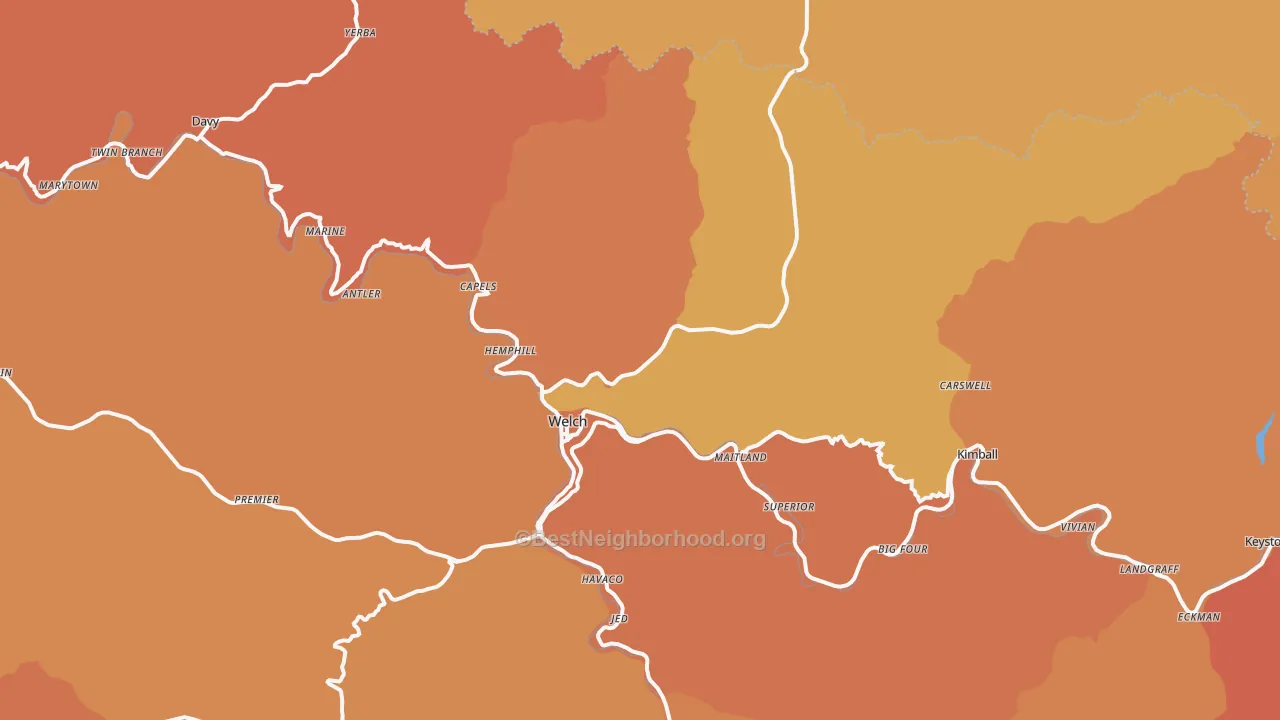 Map of the best neighborhoods in the Welch area, with better matches in green and worse matches in red