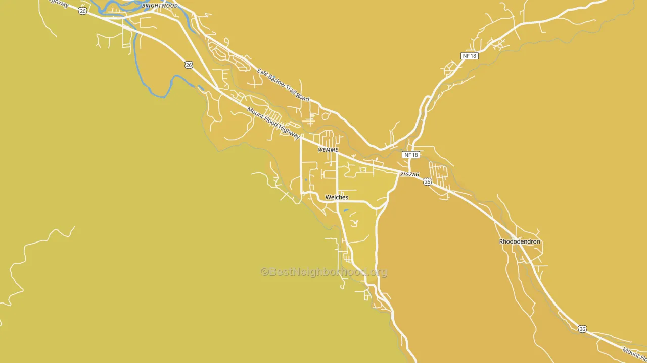 Map of the best neighborhoods in the Welches area, with better matches in green and worse matches in red