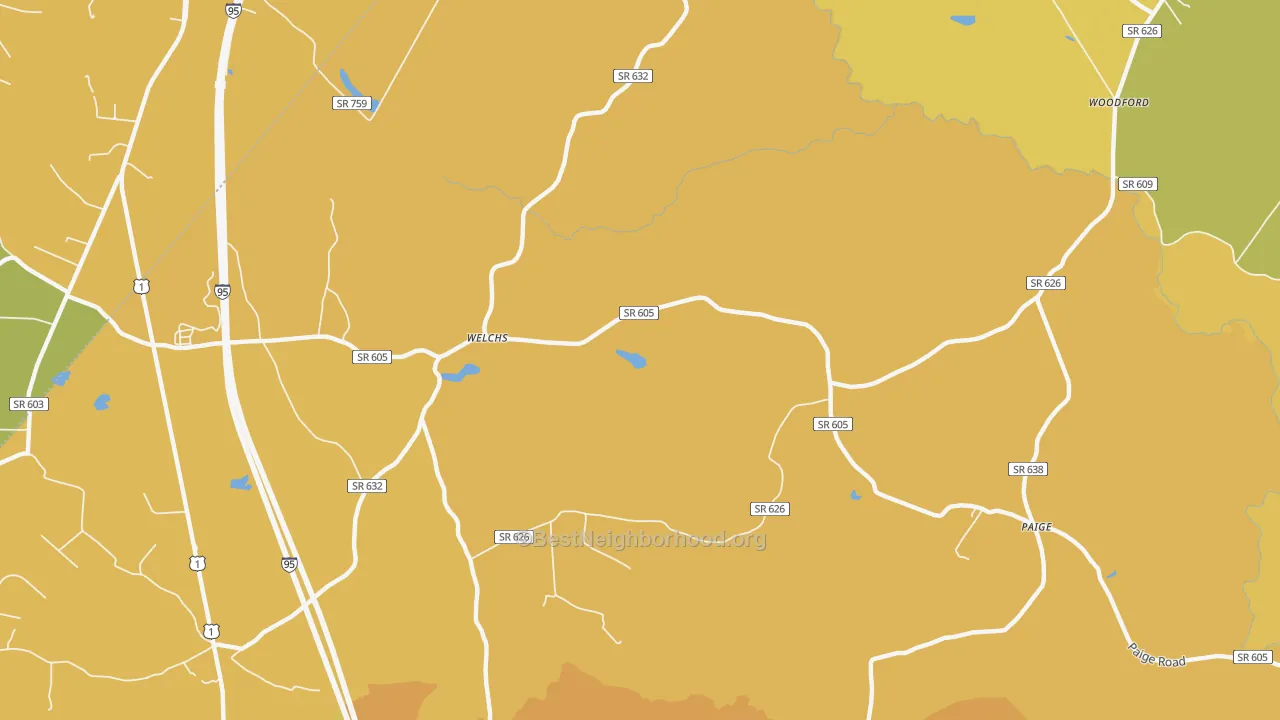 Map of the best neighborhoods in the Welchs area, with better matches in green and worse matches in red
