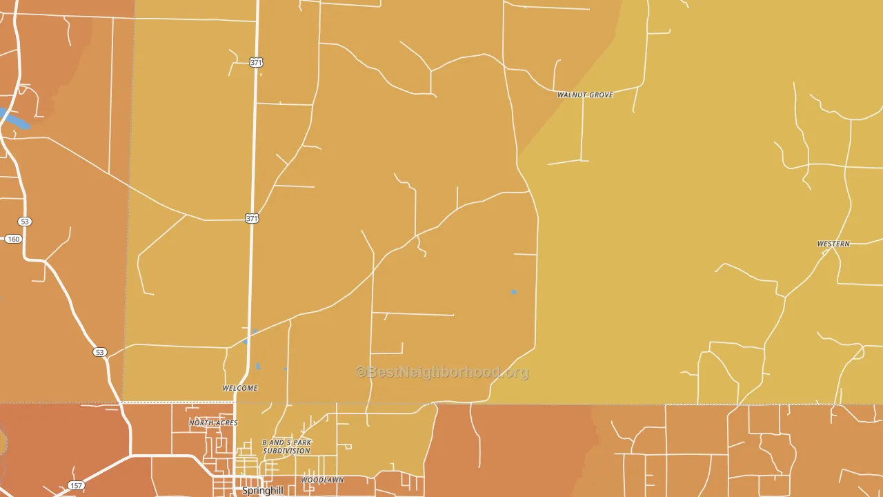 Map of the best neighborhoods in the Welcome area, with better matches in green and worse matches in red