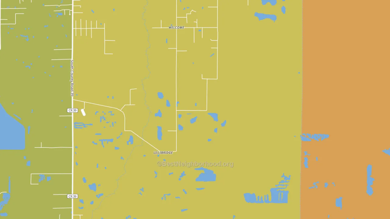 Map of the best neighborhoods in the Welcome area, with better matches in green and worse matches in red