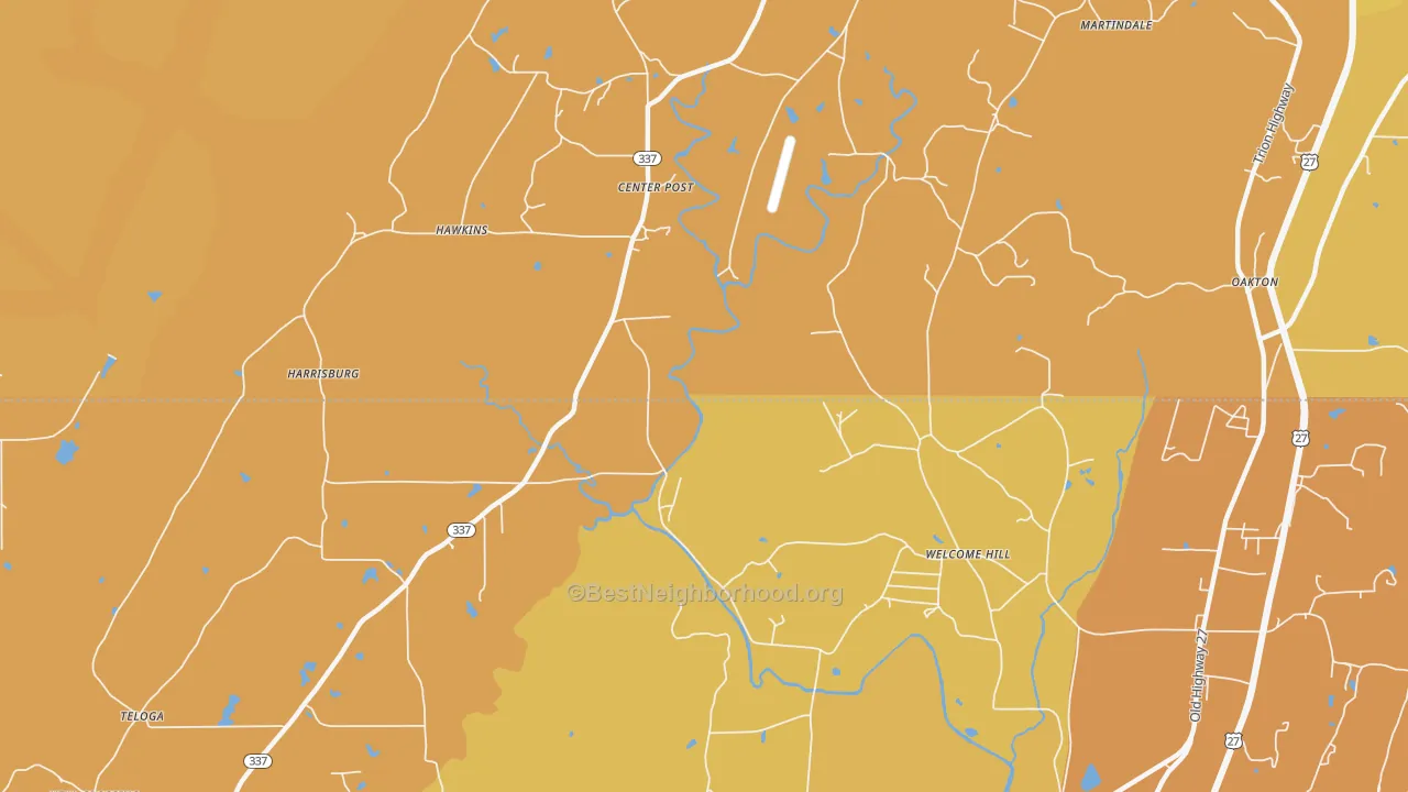 Map of the best neighborhoods in the Welcome Hill area, with better matches in green and worse matches in red