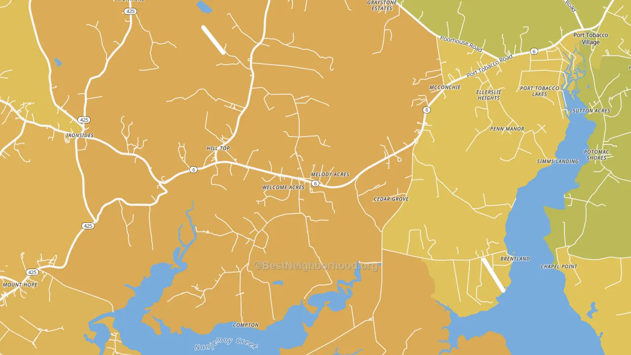 Map of the best neighborhoods in the Welcome area, with better matches in green and worse matches in red