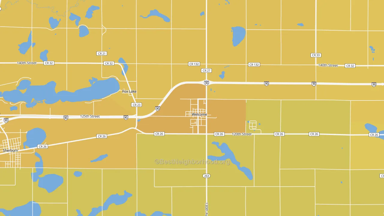 Map of the best neighborhoods in the Welcome area, with better matches in green and worse matches in red