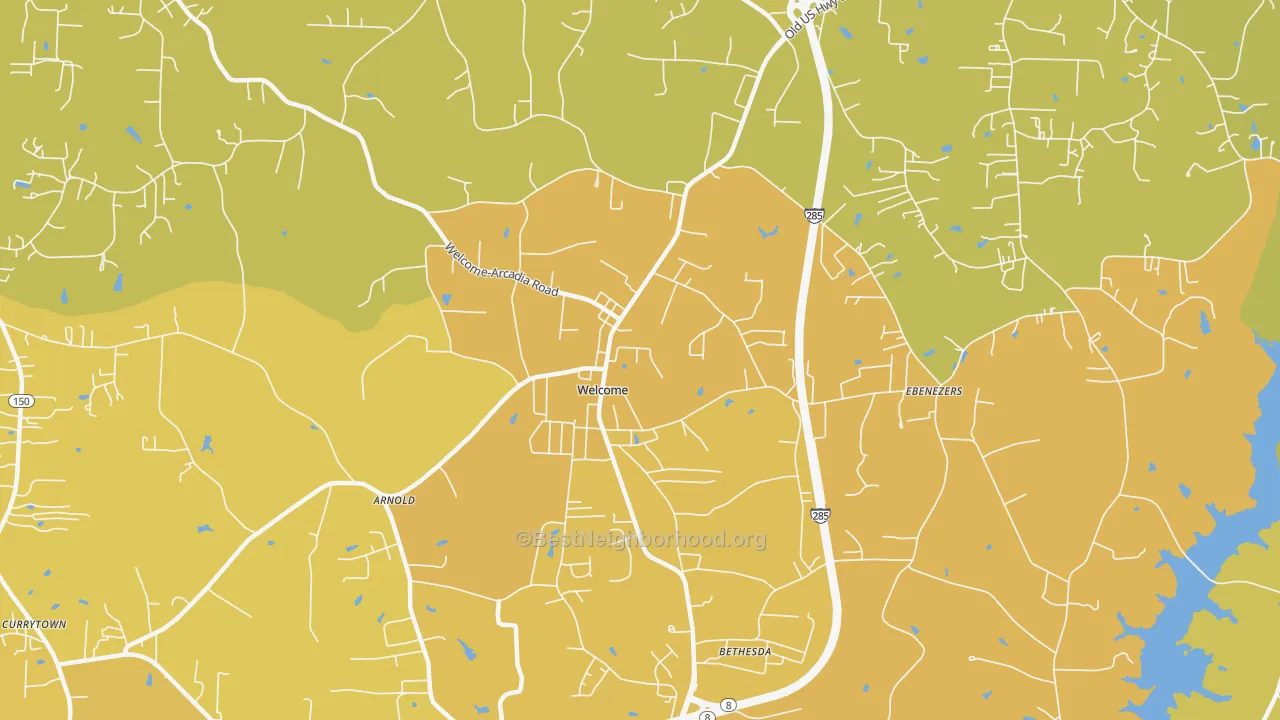 Map of the best neighborhoods in the Welcome area, with better matches in green and worse matches in red