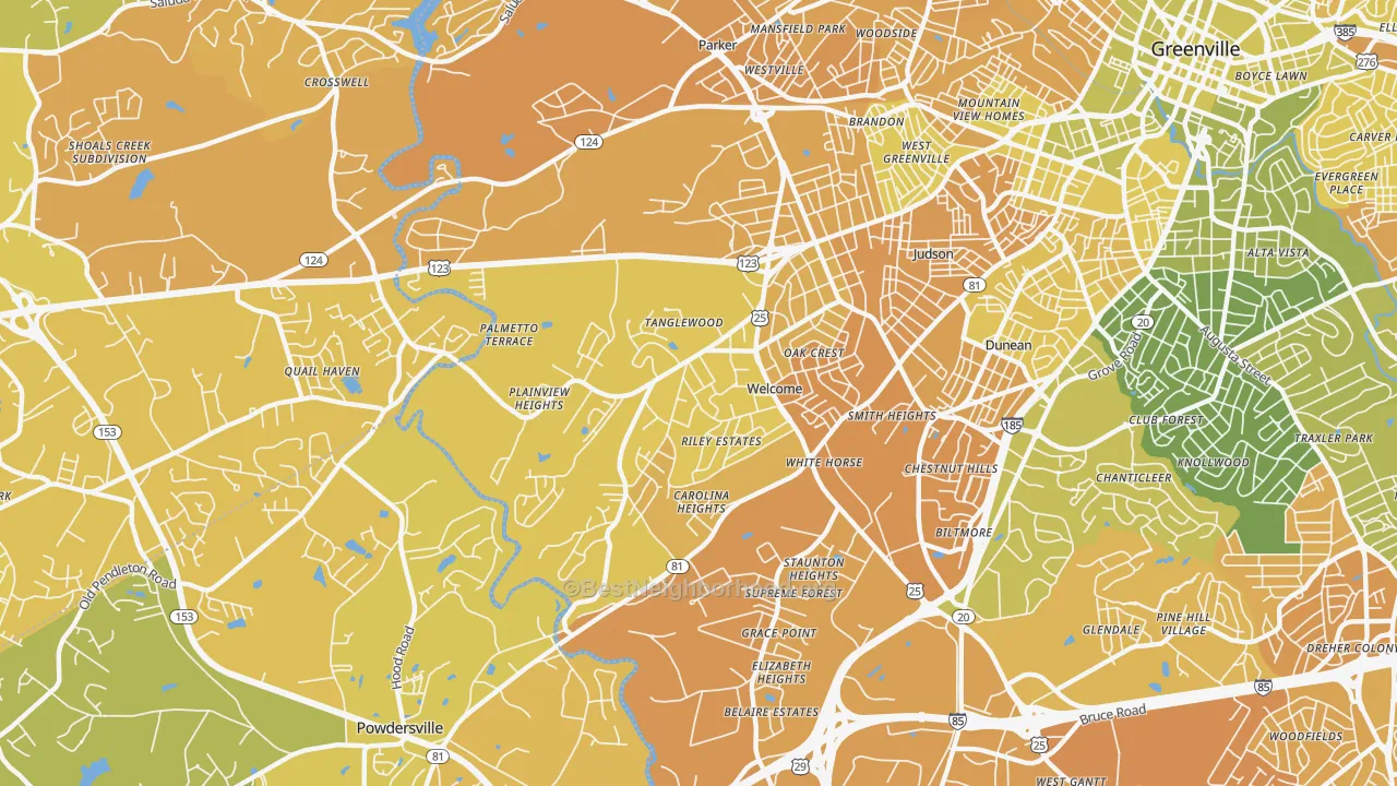 Map of the best neighborhoods in the Welcome area, with better matches in green and worse matches in red