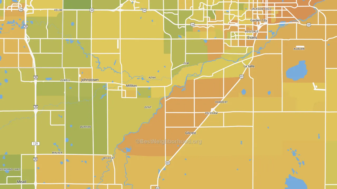Map of the best neighborhoods in the Weld County area, with better matches in green and worse matches in red